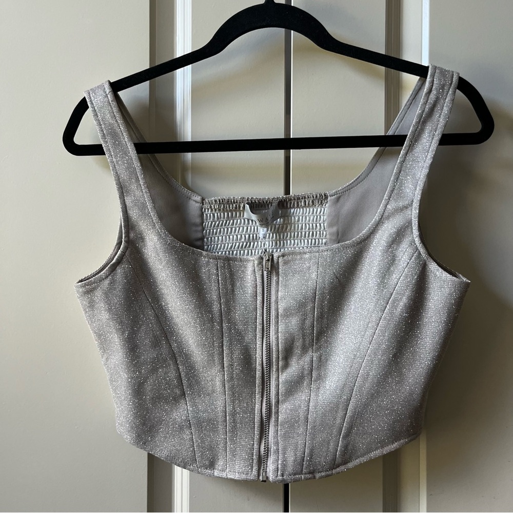 New with tags WAYF silver glitter crop corset zip front top size small